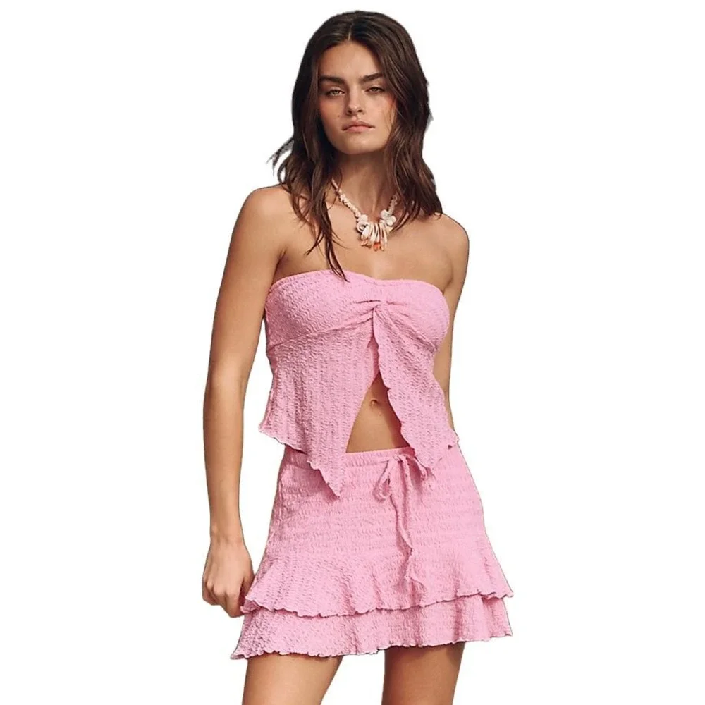 NEW FREE PEOPLE FREE-EST PINK ROMANCE WINNIE TUBE TOP MINI SKIRT SET SZ XS